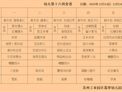 2020-2021学年第一学期第16周菜谱