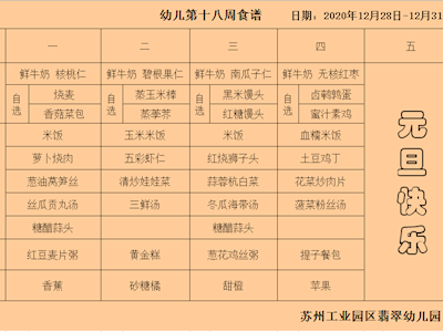 2020-2021学年第一学期第18周菜谱